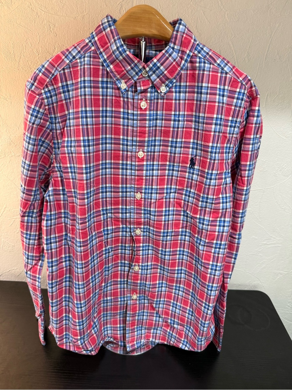 Ralph Lauren Boys L 14-16 Plaid Button Down Shirt Red Blue Cotton Pony Logo